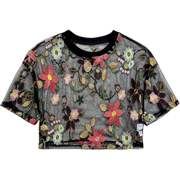 RoseSeek Women's Plus Size Floral Embroidery T Shirt Sheer Mesh